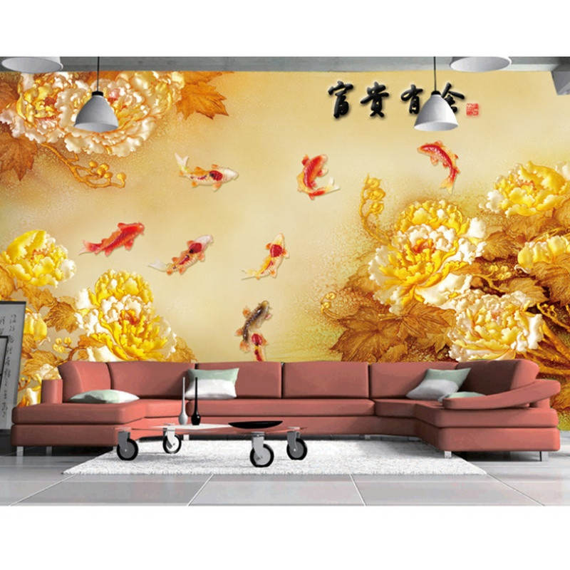 无缝3D大型壁画电视墙背景墙纸沙客厅年年有鱼墙纸壁纸牡丹九鱼 5D凹凸真丝布（整张/平方）
