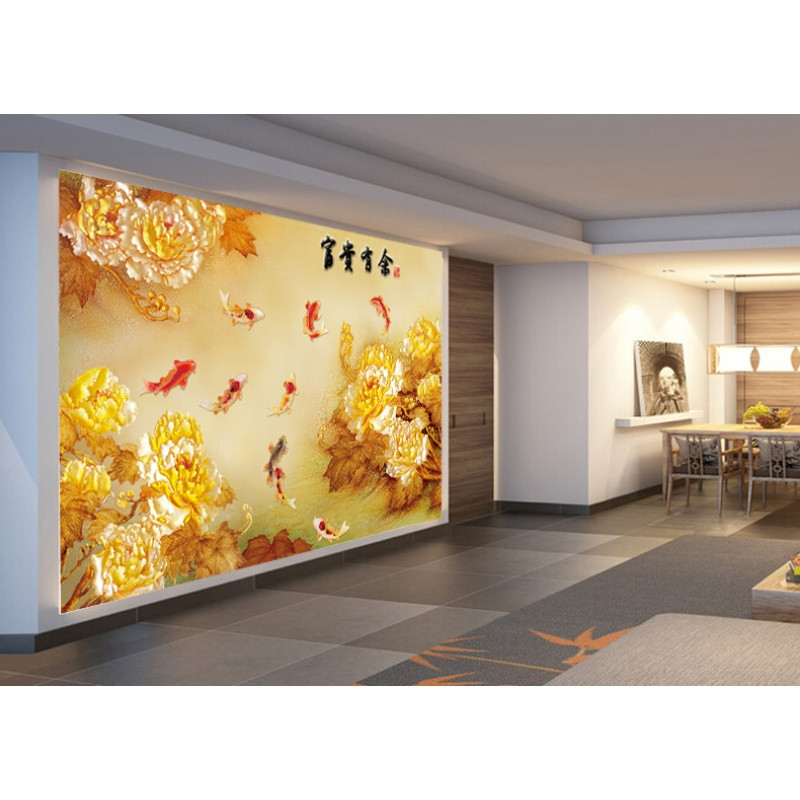 无缝3D大型壁画电视墙背景墙纸沙客厅年年有鱼墙纸壁纸牡丹九鱼 无缝无纺布（整张/平方）