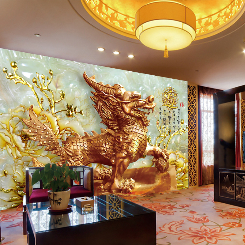 大型3d立体墙纸壁画客厅电视背景过道玉雕麒麟油画无缝墙布壁纸 无缝