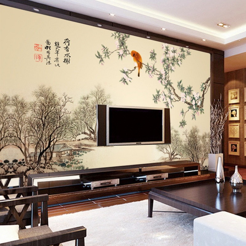 无缝中式大型壁画水墨客厅电视背景墙书房背景无纺布花鸟墙纸壁纸
