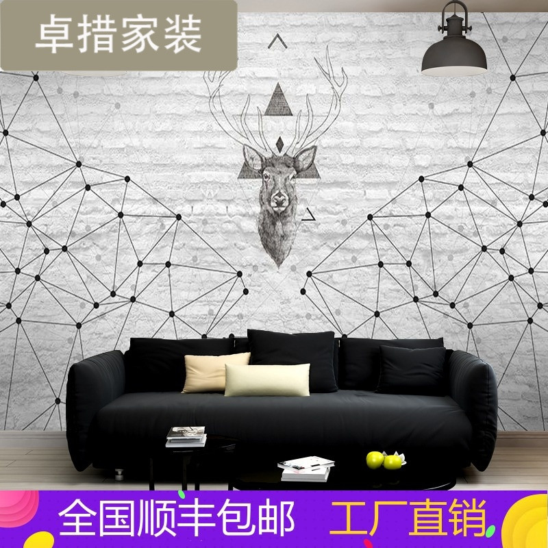 客厅卧室3d墙纸北欧麋鹿砖纹电视背景墙壁纸欧式个性壁画无缝墙布 免胶艺术布（拼接）