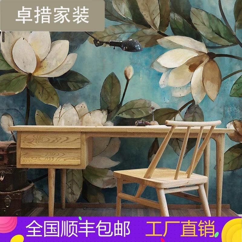定制电视背景墙壁纸客厅卧室东南亚墙纸手绘植物木兰油画中式壁画_9 靓丽无缝真丝布