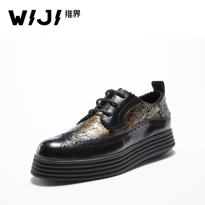 WIJI2018春夏新款布洛克鞋中性英伦风真皮厚底雕花商务休闲女鞋潮 黑金色 35