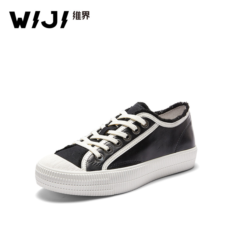 WIJI2018春新款平底学生帆布鞋女生原宿风百搭板鞋低帮韩版系带女 黑色 37