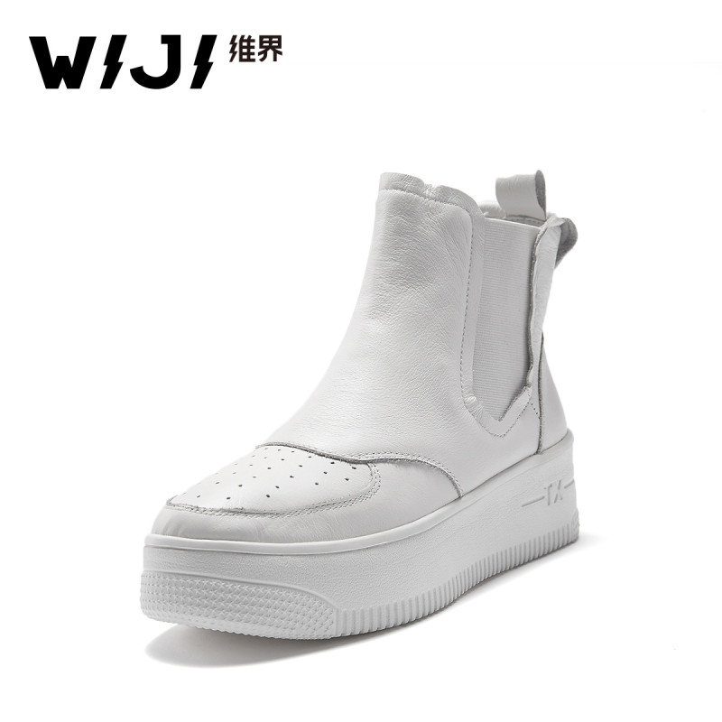 WIJI切尔西靴女英伦新款真皮潮流高帮板鞋个性厚底复古时尚短靴子 白色 35