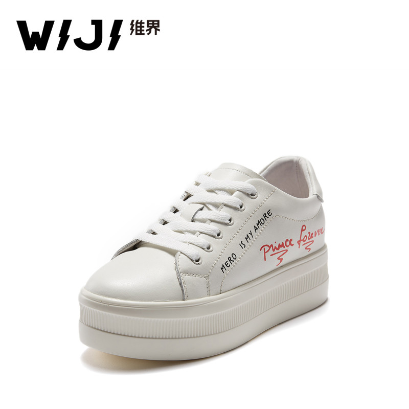WIJI女鞋子春秋韩版新款潮流厚底真皮时尚单鞋系带深口休闲板鞋潮 米白 39