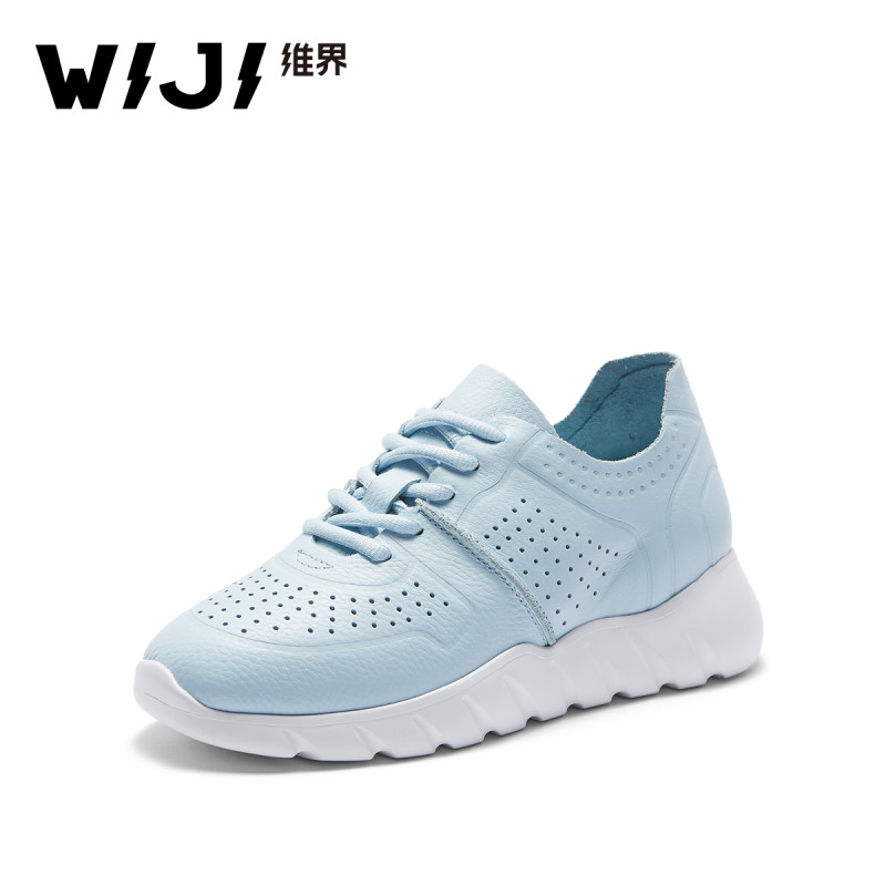 WIJI春夏新品透气运动休闲单鞋平底百搭圆头系带松糕厚底小白鞋女 蓝色 39