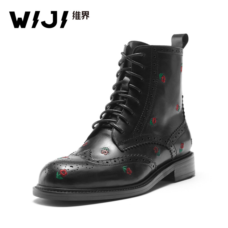 WIJI马丁靴女2017冬季新款韩版休闲短靴真皮个性时尚潮流百搭皮靴 黑色 37