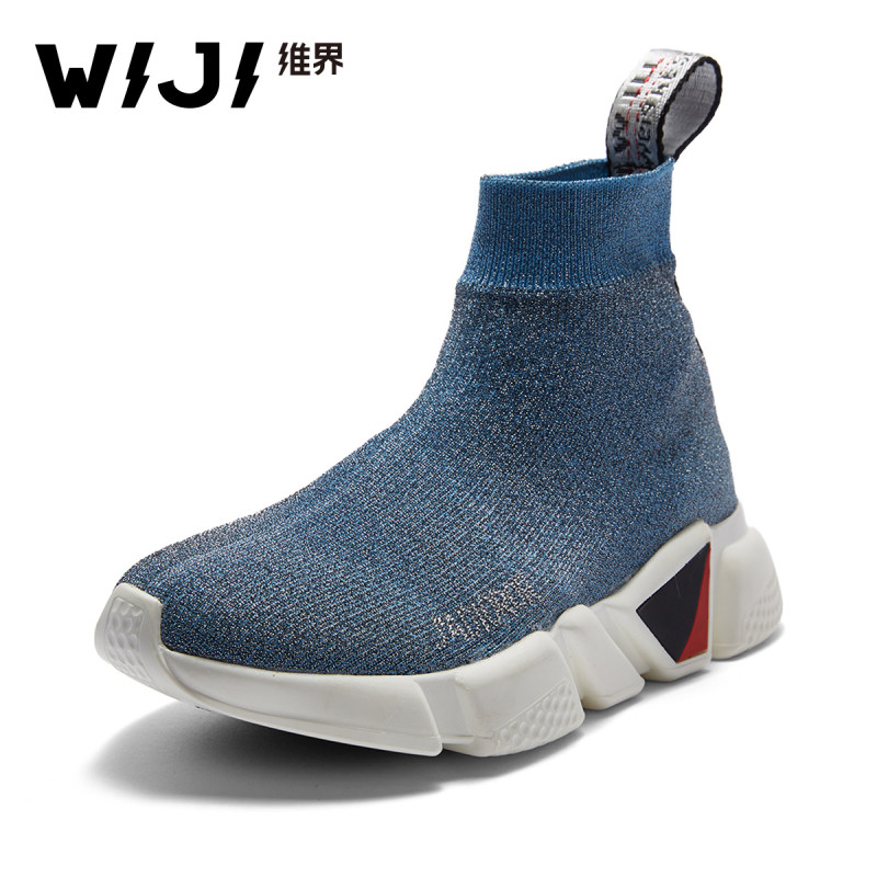 WIJI高帮女鞋冬季新款韩版青春个性时尚户外休闲鞋平底百搭袜子鞋 37 蓝色