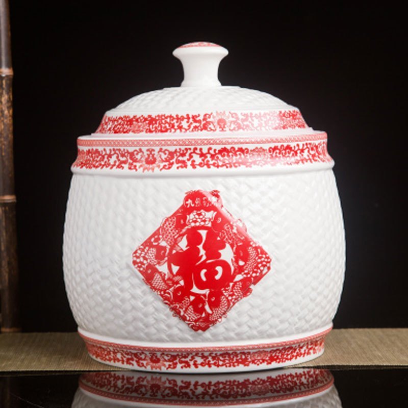 陶瓷米缸米桶储米箱油缸装米桶米罐5kg10kg30带盖家用多色多款生活日用家庭清洁生活日用_5 福15斤红