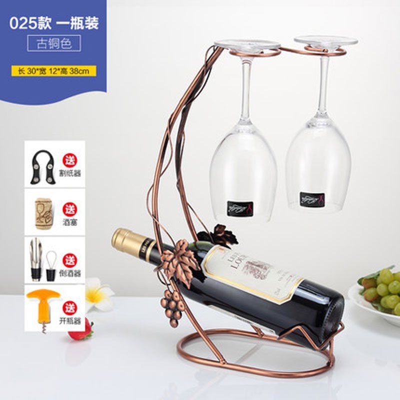 【送倒酒器+割纸器+开瓶器+酒塞】简约现代创意红酒架摆件红酒杯架欧式时尚葡萄酒架家用红酒杯_6 双杯款古铜色