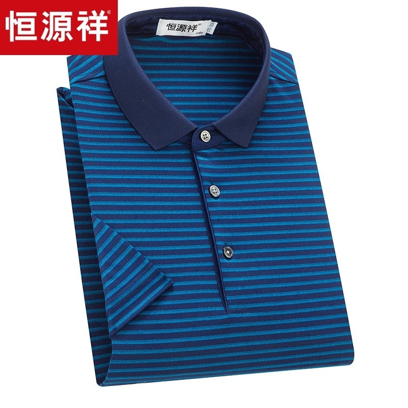 恒源祥男士桑蚕丝短袖T恤夏季薄款翻领短t爸爸装中年条纹polo衫_1 190/104A 51N80006深兰