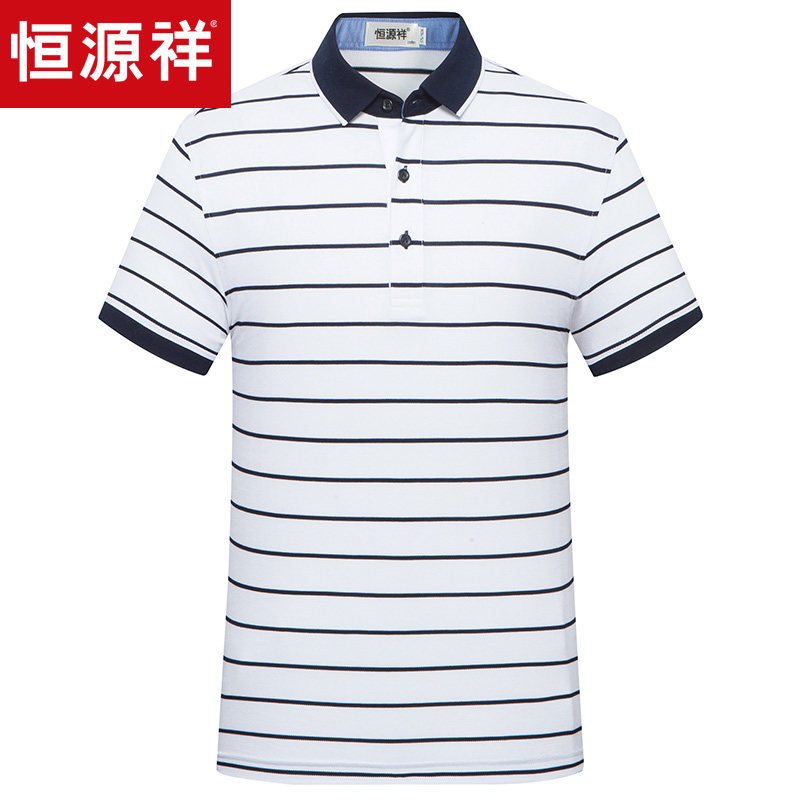 恒源祥丝光棉短袖T恤男2018年夏季新款条纹爸爸装中年休闲polo衫_2 190/104A 漂白