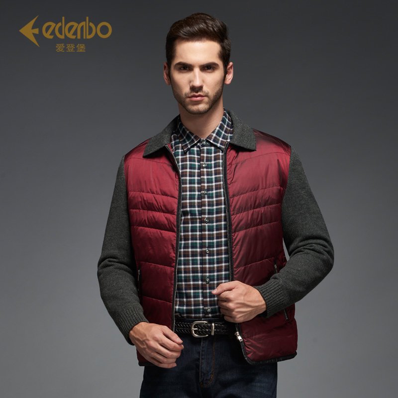 Edenbo/爱登堡冬季轻薄款男士修身羽绒服针织袖接拼羽绒衣外套男_1 175/92/XL 红色（04）