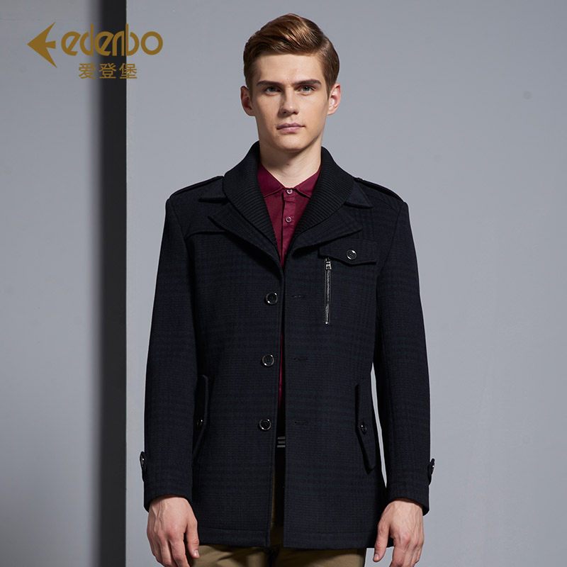 Edenbo/爱登堡秋冬新款休闲毛呢大衣夹克男中年长款休闲毛呢大衣_1 175/92/XL 墨绿05