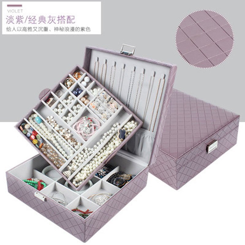 首饰盒公主欧式韩国手饰品首饰收纳盒双层大项链盒戒指盒多功能创意生活日用家庭整理收纳用品储物_4 浅紫色压线纹