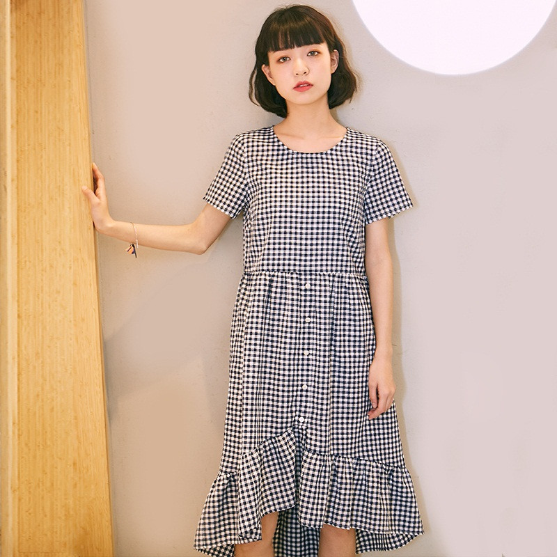 素缕夏装2018新款女装宽松裙圆领格子连衣裙复古中长裙女SC8220鹍 S 蓝+白