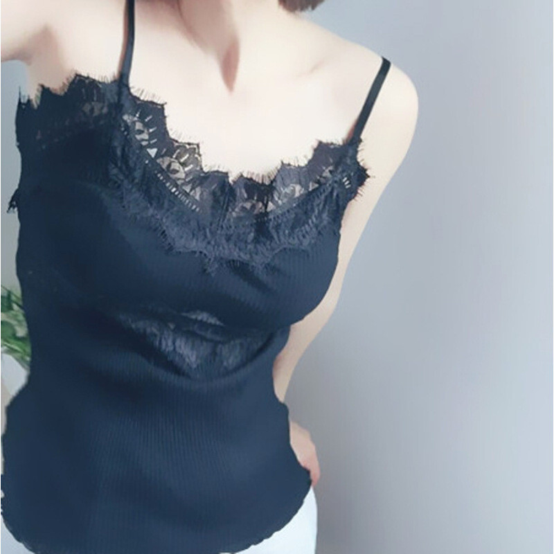 春季新款女装蕾丝拼接针织吊带背心女短款修身显瘦打底衫黑色均码 默认尺寸 黑色