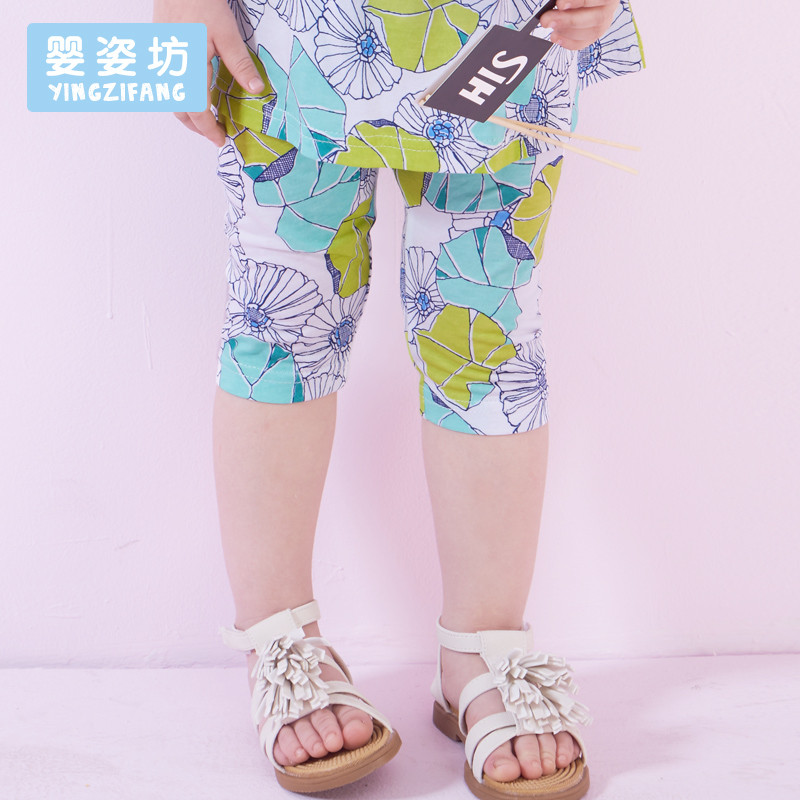 婴姿坊夏季印花休闲女童长裤儿童松紧薄款时尚宝宝裤子田园风 蓝色 110cm