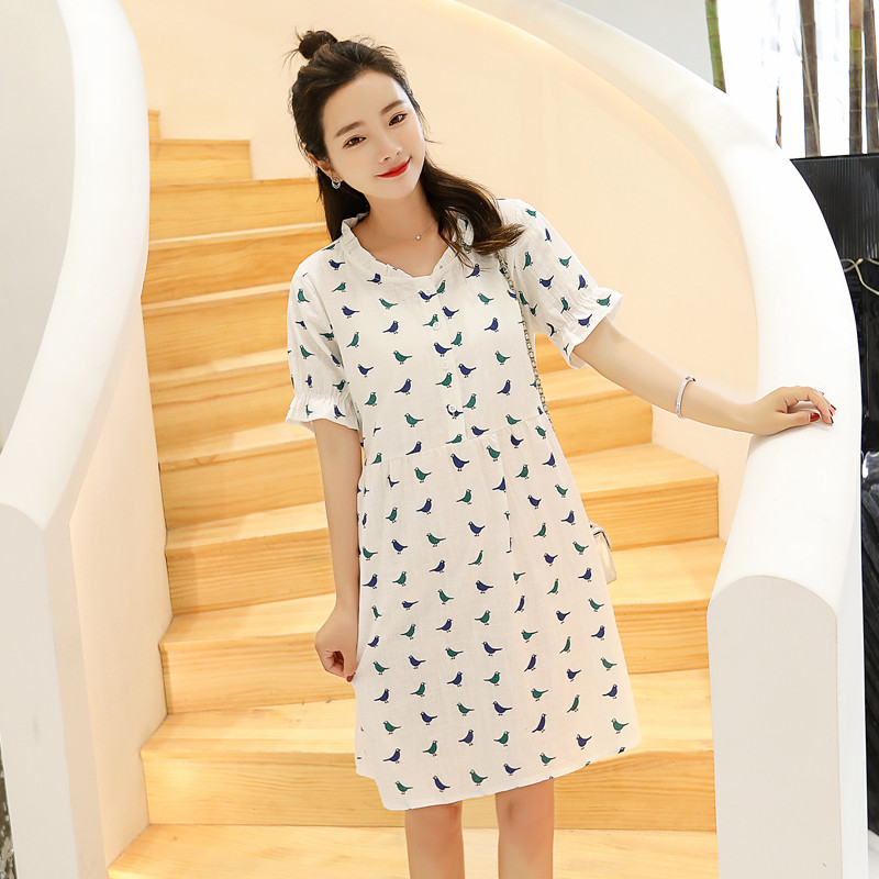 孕妇连衣裙孕妇装2018夏装新款中长款夏季短袖纯棉上衣孕妇裙子 M 绿色【绿+蓝鸟】