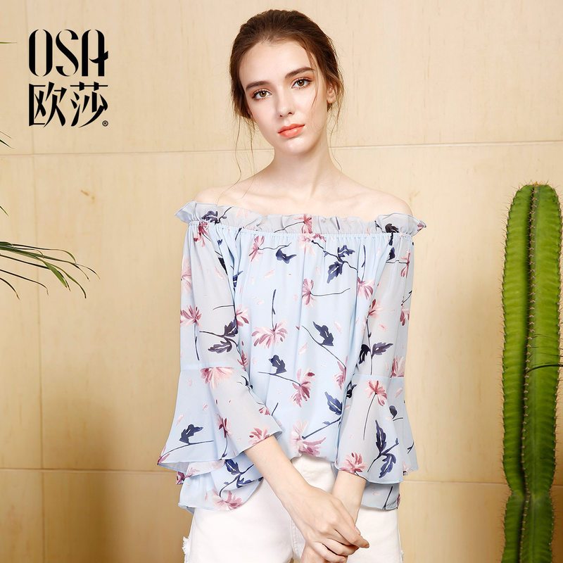 OSA欧莎2018夏装新款女装露肩上衣荷叶边七分袖雪纺衫 XL 蓝底印花