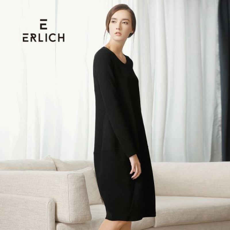 erlich2018春季新款连衣裙通勤中长裙修身连衣裙 黑色 L