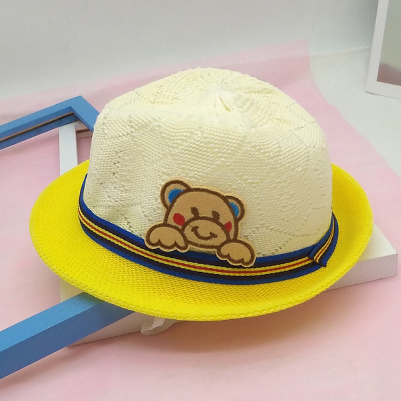 贝迪牛儿童草帽夏季宝宝遮阳防晒沙滩帽渔夫帽网帽 建议2岁-6岁 黄色贴标小熊草帽