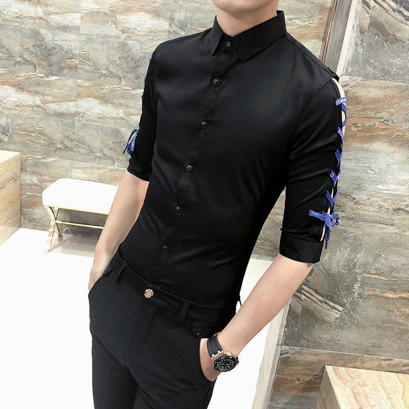 2018夏装新款型师韩版修身七分袖衬衫男士中袖衬衣男短袖寸衫潮_6_1 XL H320-黑色
