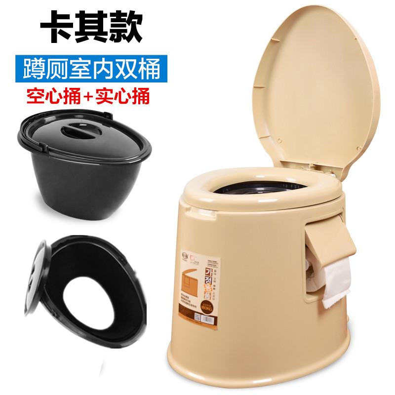 孕妇马桶老人塑料家用坐便器成人老年人移动座便器室内防臭坐便椅_8 默认尺寸 升级6代卡其双用房间+厕所实心桶+空心桶