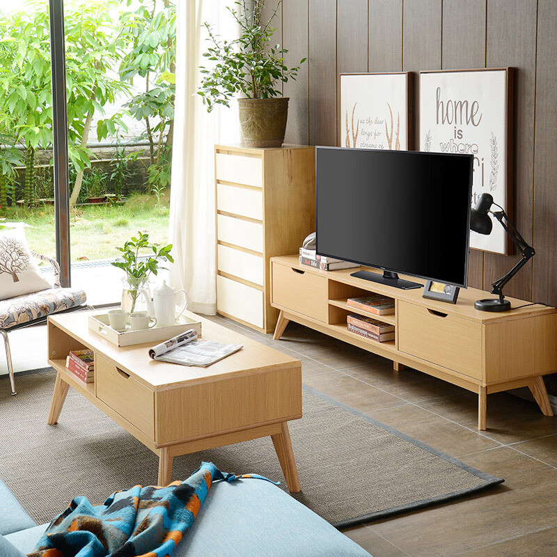 A家家具 电视柜 电视柜茶几组合 北欧现代客厅板木实木地柜 原木色 电视柜+茶几