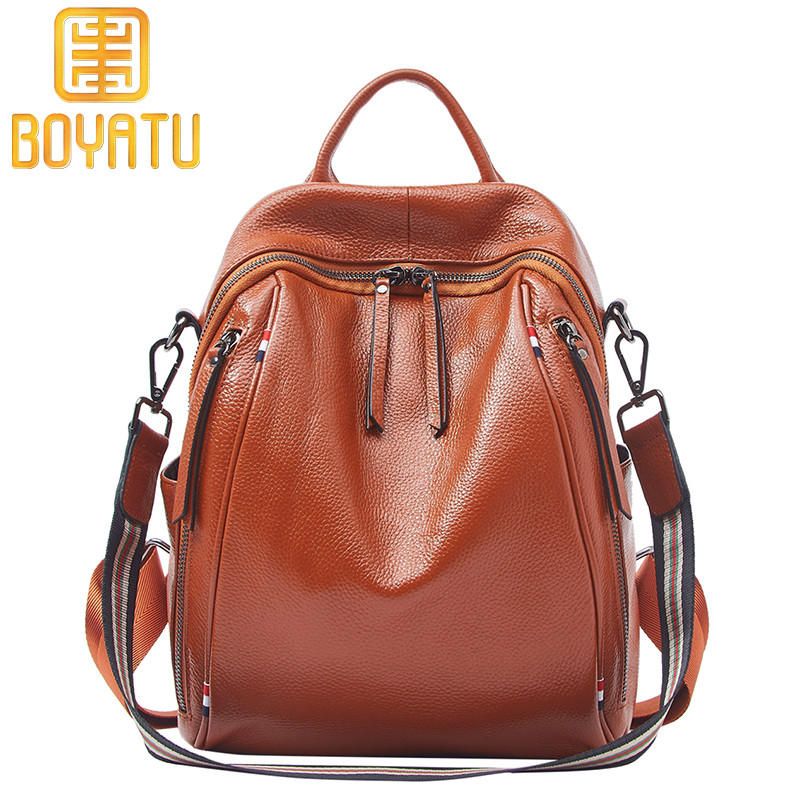 柏雅图（boyatu）包包女2018新款女士双肩包头层牛皮织带真皮学院风背包 焦糖色