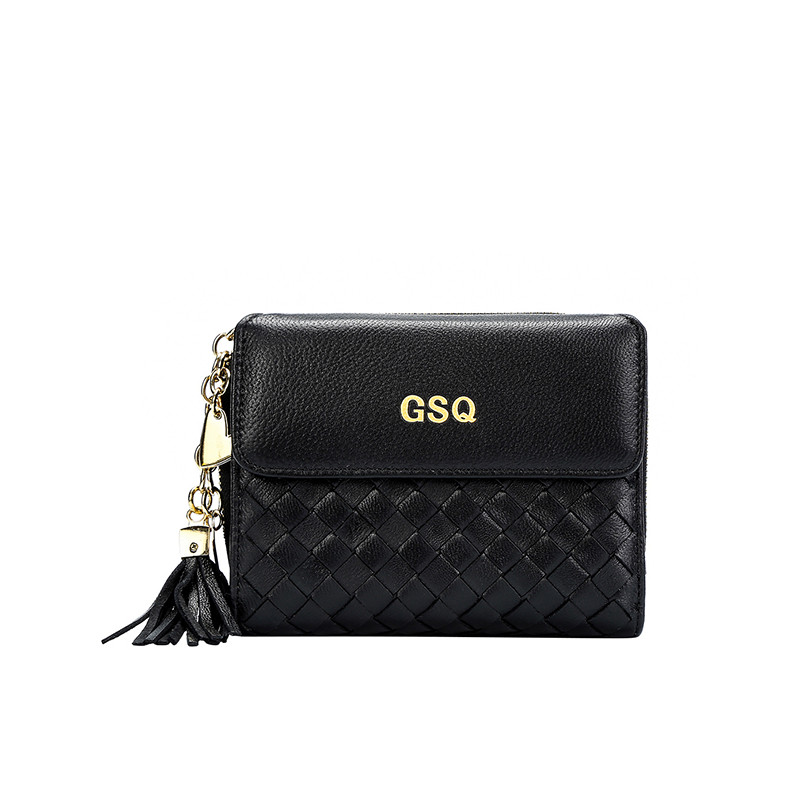 GSQ/古思奇女士包盖式编织粉红色短款钱包NQ1227 黑色