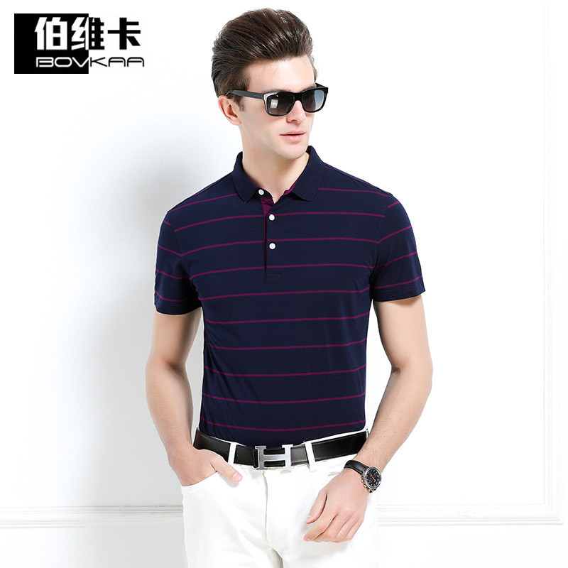 伯维卡青年POLO男装2018夏季新款条纹棉质短袖休闲商务T恤翻领t恤 8803 XXXL 藏青