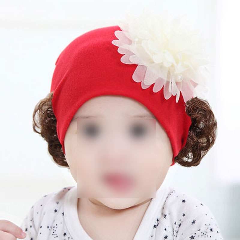 婴儿帽子春秋0-3-6-12个月女童假发帽新生儿1-2岁女宝宝帽子冬季夏季甜美可爱婴童帽子 1-6个月（头围36-43CM） B牡丹花红色