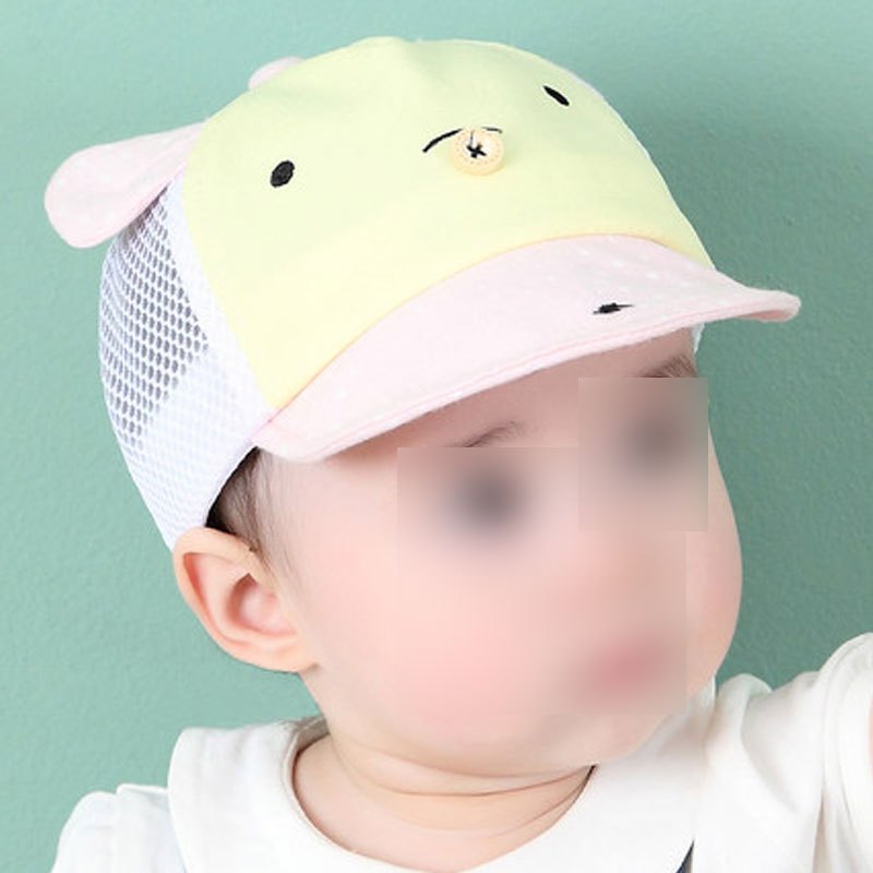 婴儿帽子6-12个月男女童太阳帽宝宝鸭舌网眼帽遮阳帽1-2岁春夏季可爱萌趣卡通婴幼儿帽子 可调节（42-48cm 黄色（扣鼻子网