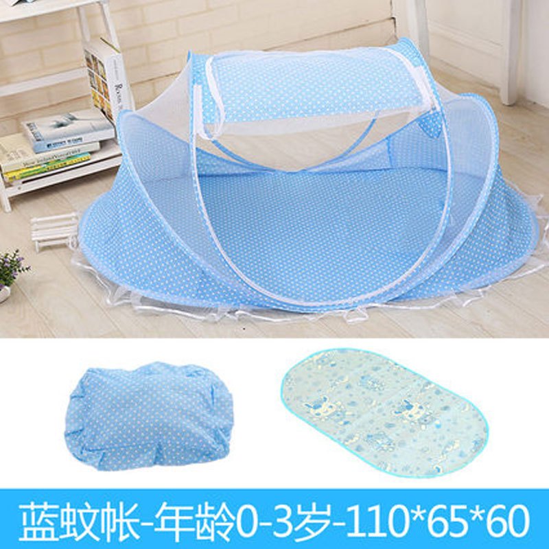 婴儿儿童宝宝细孔蚊帐新生儿bb床防蚊罩小孩蒙古包可折叠免安装小清新简约男女宝宝孕婴童床上用品蚊帐 适用于新生儿-5岁宝宝 蓝折叠+凉席+棉枕+棉垫+音乐包