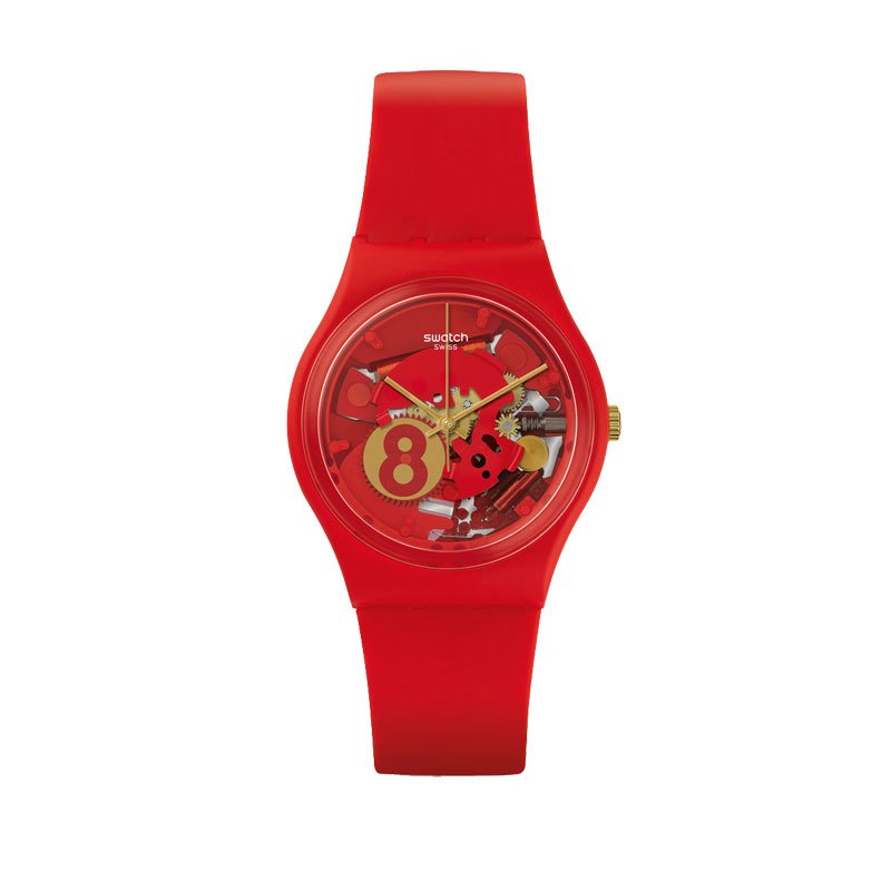 斯沃琪（Swatch）手表 经典色彩密码系列 透视机芯大红色数字男女表幸运八喜GR166 GR166