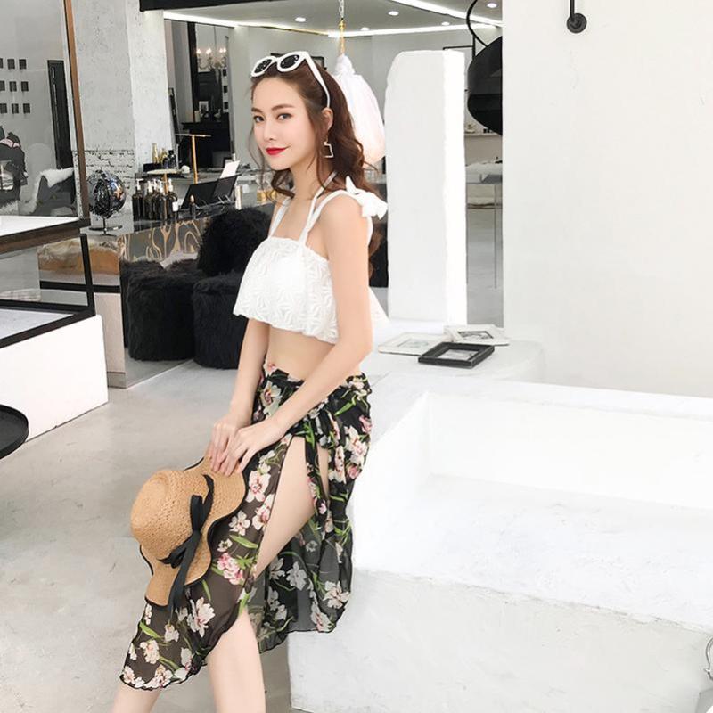 浪莎泳衣女士唯美复古性感分体温泉露肩海边度假防晒显瘦小胸聚拢 L 黑花色