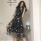 夏季韩版chic百搭印花网纱外穿内搭无袖中长款吊带连衣裙两件套女_1 均码 白色