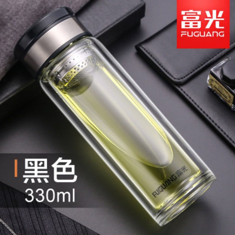 富光双层玻璃杯男便携水杯商务泡茶杯定制过滤耐热车载杯子带提手 330ml黑色