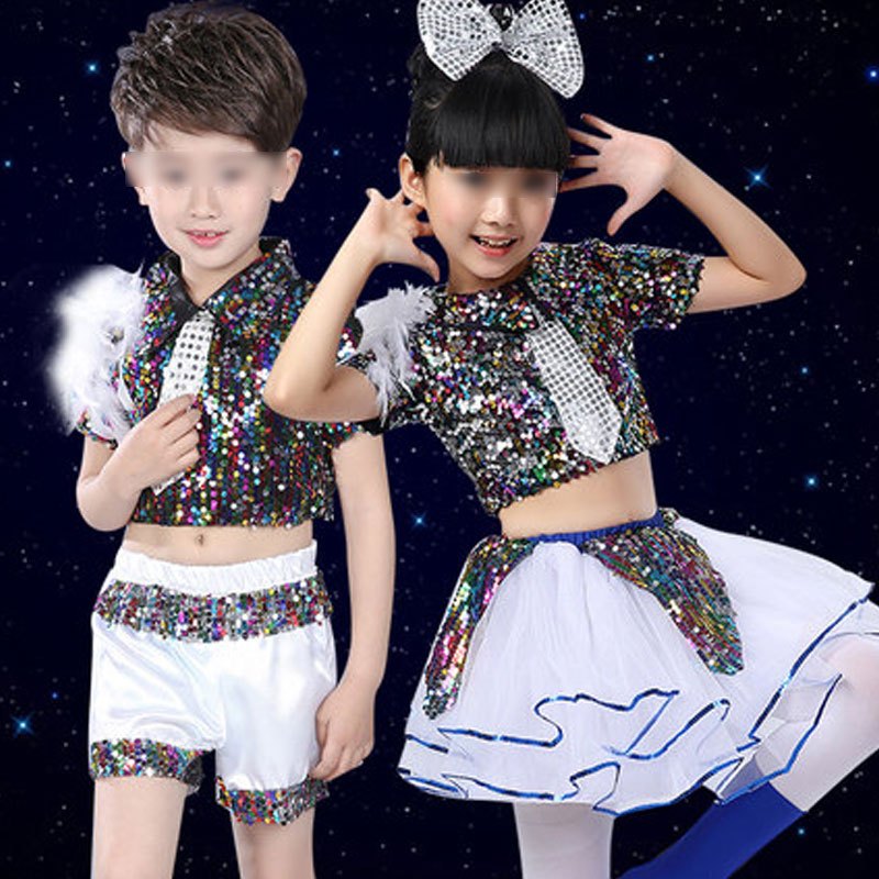 儿童表演服男童女童爵士舞蓬蓬纱裙幼儿园舞蹈亮片演出服装通用套装简约小清新婴童套装 110cm 七彩女童+蓝袜套+白裤袜