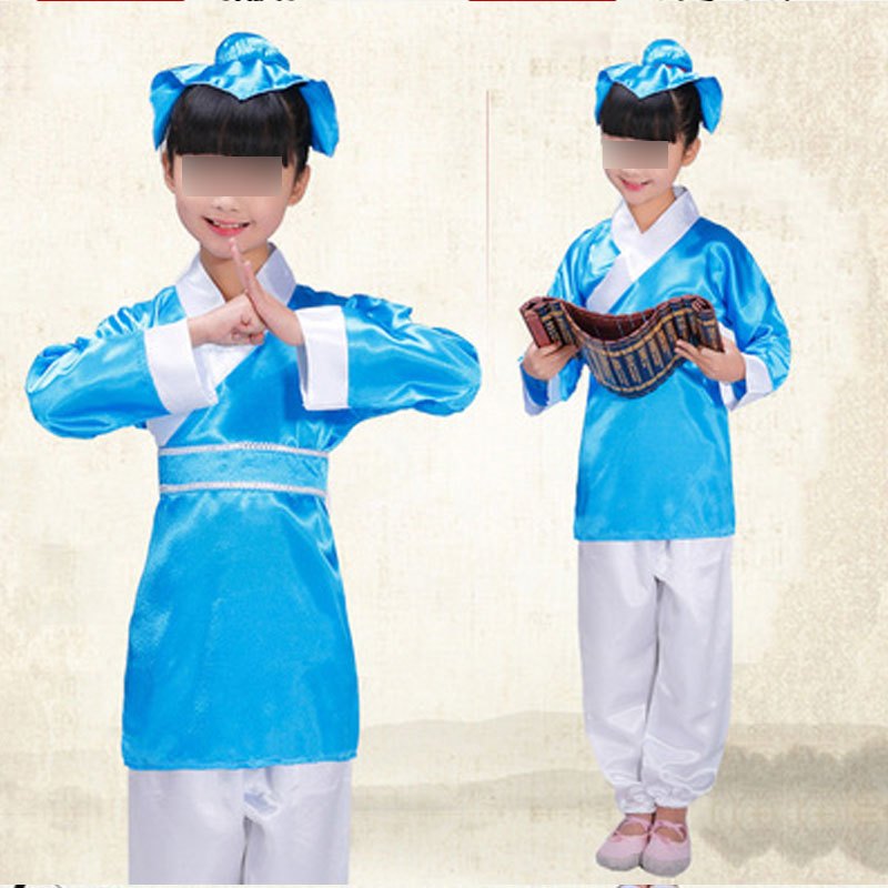 儿童书童演出服服装汉服古装幼儿园三字经弟子规孔子表演服装简约创意萌趣儿童表演服 140cm 蓝色裤装