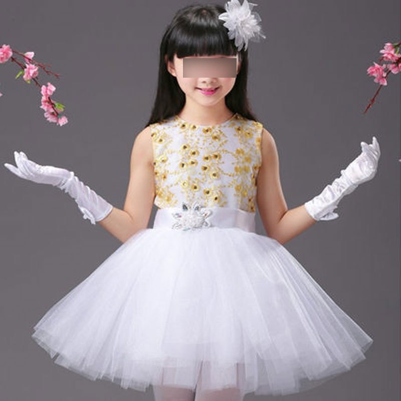 六一儿童表演出服公主裙女舞台剧合唱中小学生蓬蓬纱裙子跳舞蹈装可爱淑女儿童表演裙子 160cm 白色不含手套