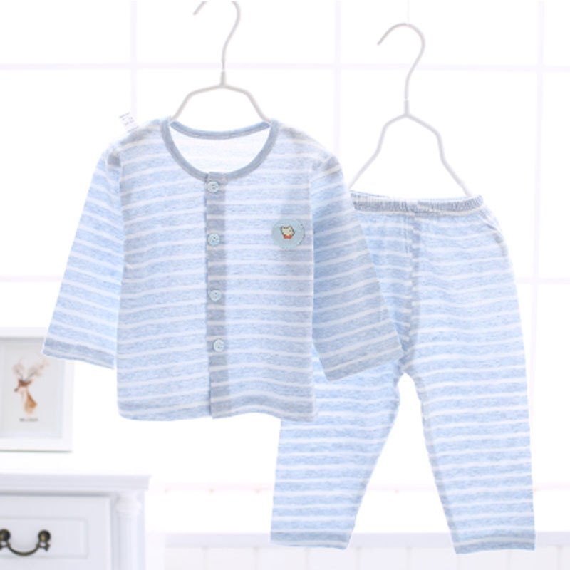 婴儿空调服长袖薄款宝宝内衣套装夏季新生儿衣服儿童睡衣夏装简约小清新男女宝宝儿童夏季家居服套装 73cm S18305条纹妆蓝色
