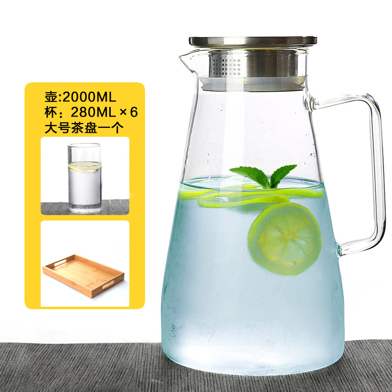 凉水壶玻璃耐热高温防爆家用冷水壶晾凉白开水杯果汁壶扎壶大容量_1 2.1L金塔冷水壶+6杯+竹盘