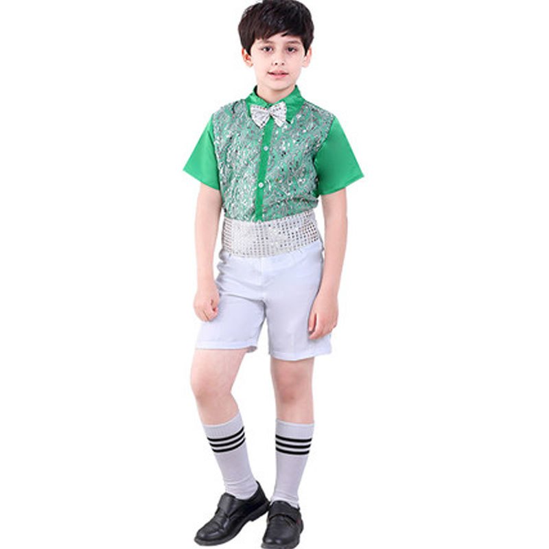 六一学生合唱服幼儿园小朋友表演服装儿童小男孩演出服男童舞蹈服通用套装简约婴童套装 110cm 男绿色亮片背带裤