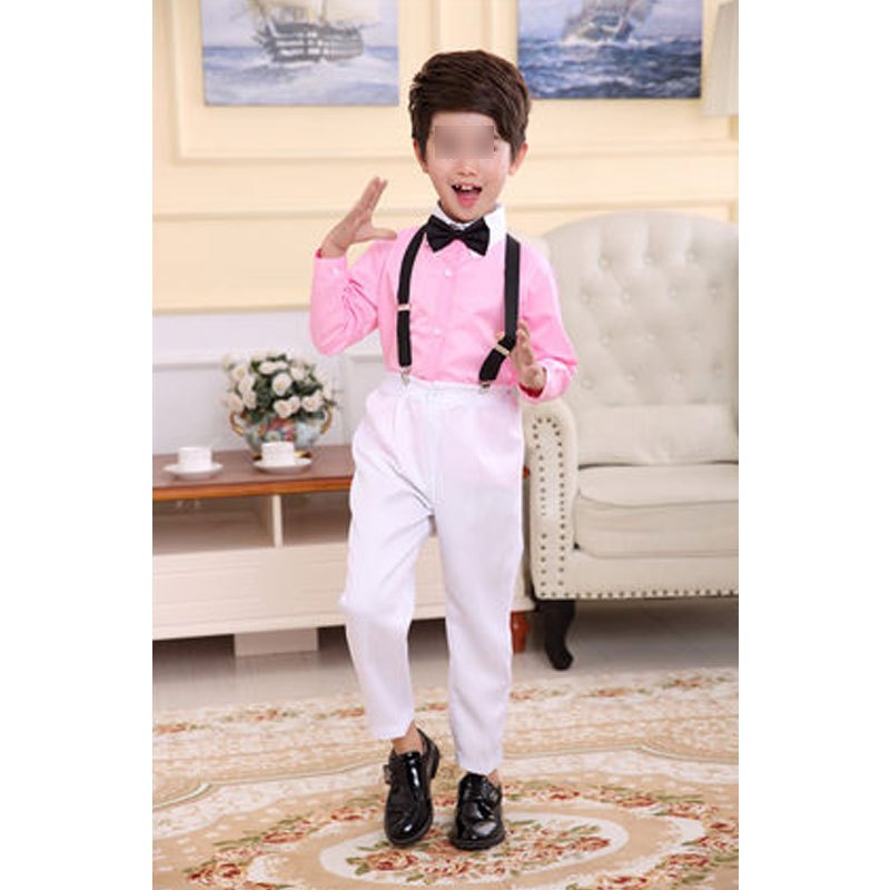 六一儿童合唱演出服男童背带裤小学生朗诵舞蹈服幼儿园小朋友表演服通用套装简约婴童套装 110cm 长袖背带裤粉色