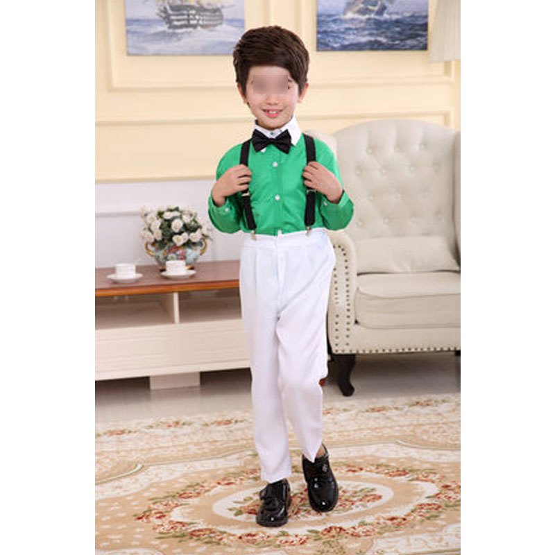 六一儿童合唱演出服男童背带裤小学生朗诵舞蹈服幼儿园小朋友表演服通用套装简约婴童套装 110cm 长袖背带裤绿色