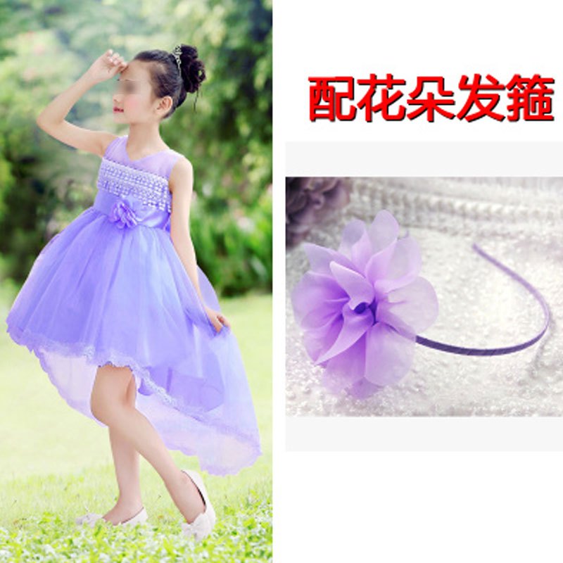 女童晚礼服裙子婚纱儿童花童拖尾纱裙小女孩 生日钢琴演出通用裙子简约小清新婴童裙子 150cm 背心A款紫色（配花朵发箍）