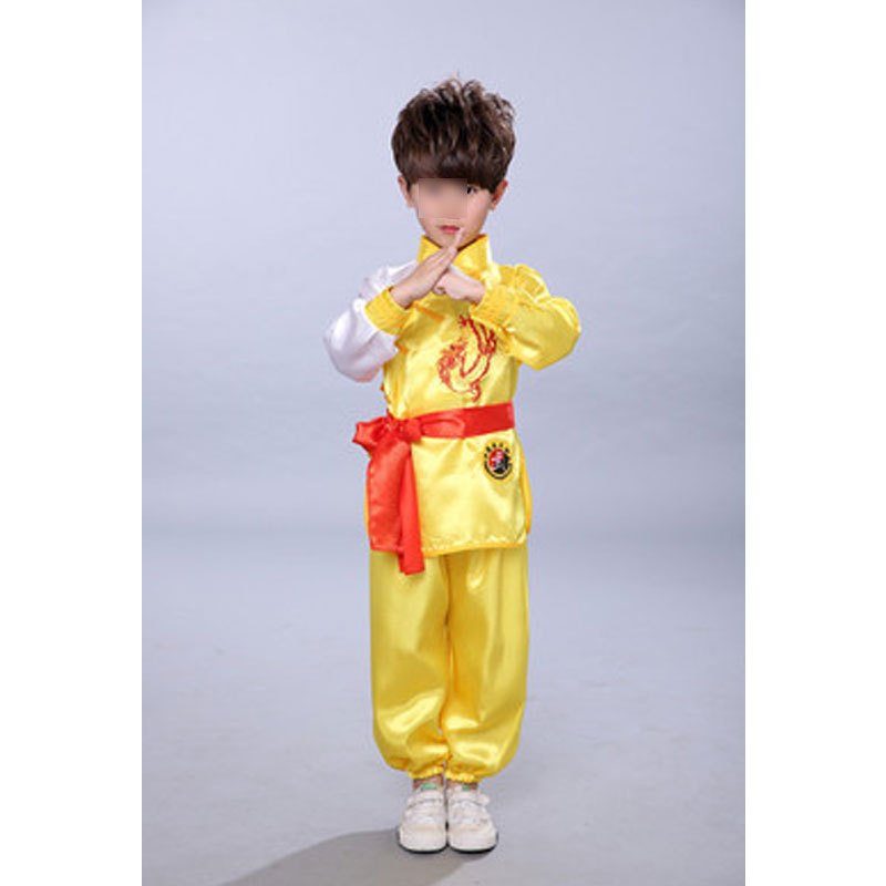 儿童武术服表演服装短袖少儿服装男女童幼儿舞蹈演出服通用套装幼儿园小朋友表演服婴童套装 100cm 绣L黄色长袖